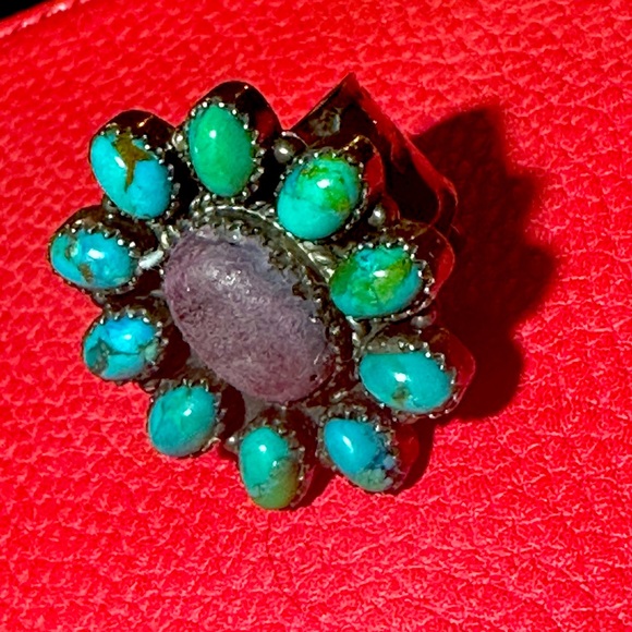 Ring Adjustable-Kingman Turquoise and Spiny Oyster flower Ring - Picture 2 of 12